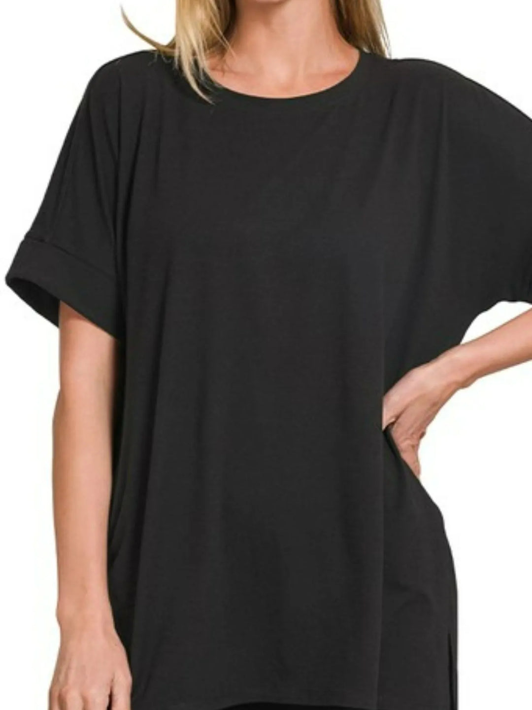 Black Zenana Brushed Dty Microfiber Round Neck Top And Biker Shorts Set