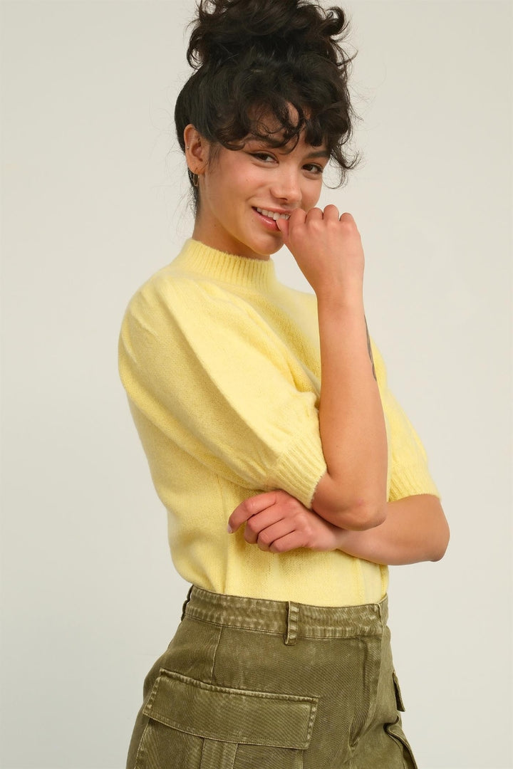 Creamy Yellow Hyfve Mock Neck Puff Sleeve Sweater