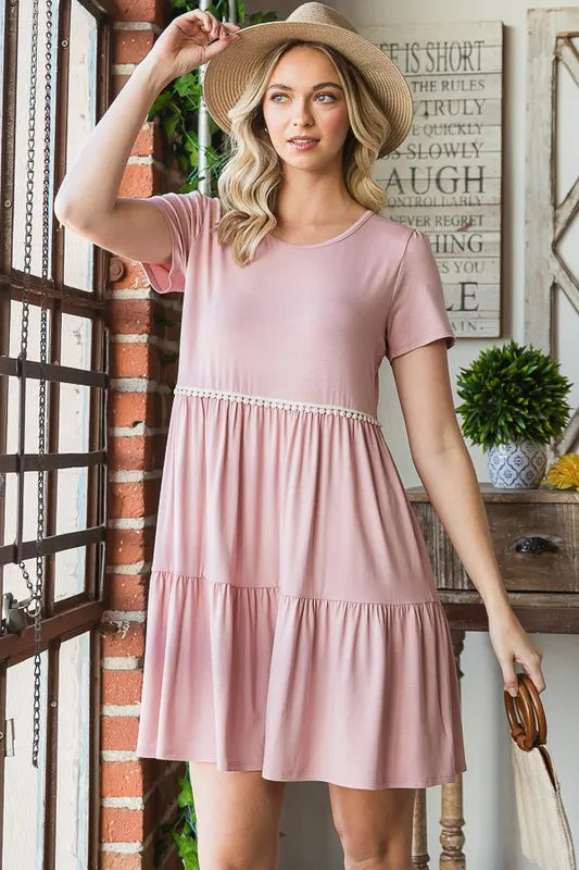 Heimish Full Size Solid Mini Tiered Dress With Pompom Lace Plus Size