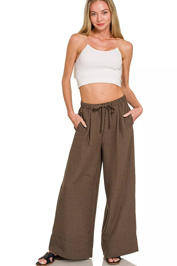 Dk Brown Zenana Woven Airflow Drawstring Pants 3