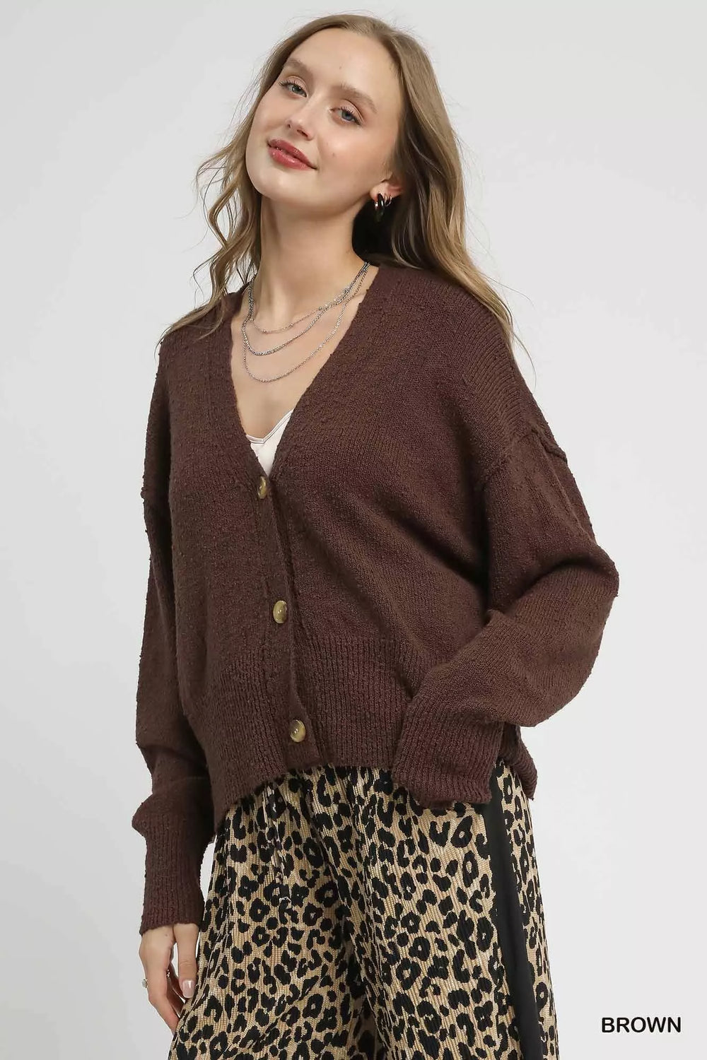 Brown Umgee Button Front V Neck Knit Cardigan 1