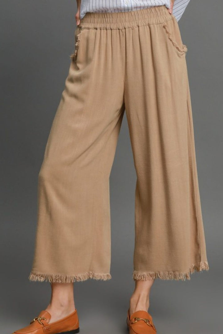 Camel Umgee Full Size Linen Blend Elastic Waistband Wide Leg Pants Plus Size
