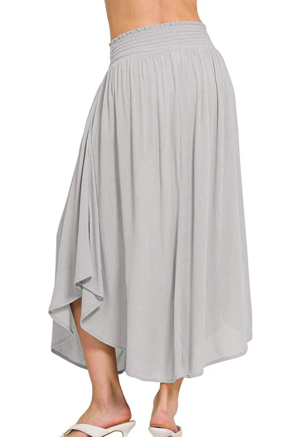 Lt Grey Zenana Woven Crinkle Smocked Waist Maxi Skirt W Pockets 3
