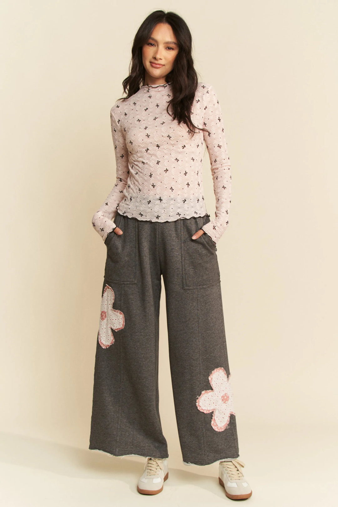 Davi Dani Ribbon Bow Lace Hem Long Sleeve Mesh Layering Top
