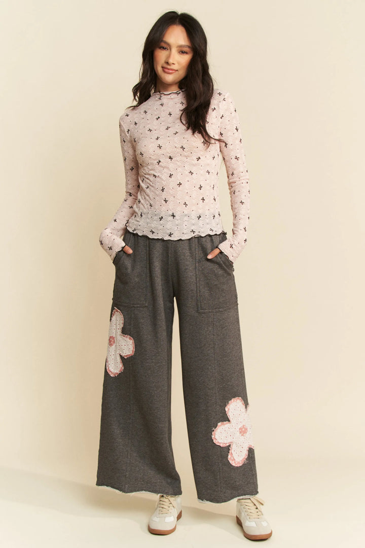 Davi Dani Ribbon Bow Lace Hem Long Sleeve Mesh Layering Top