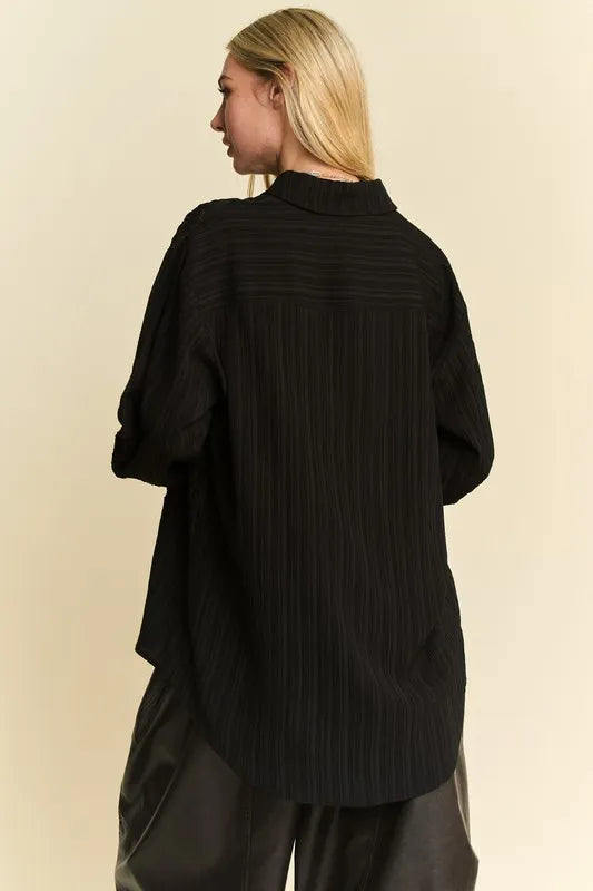 Black Davi Dani Crinkled Jacquard Button Down Shirt