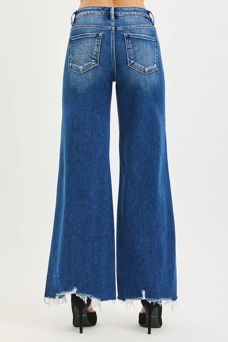 Dark Risen High Rise Wide Leg Jeans With Distressed Hem