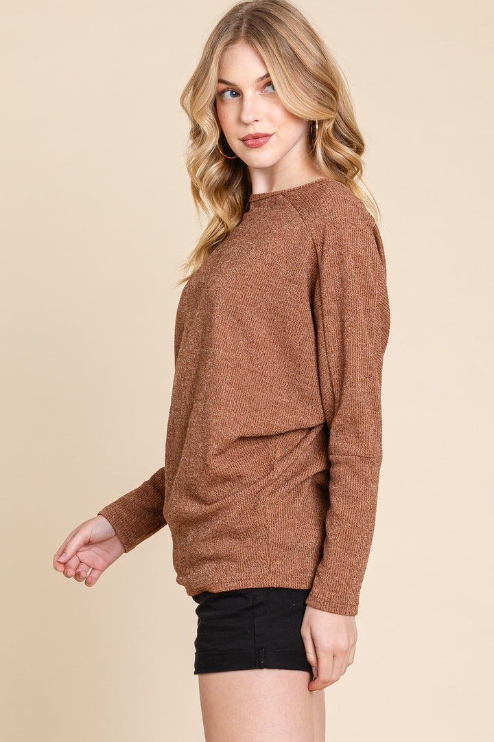 Camel Bombom Drop Shoulder Long Sleeve Knit Top 1