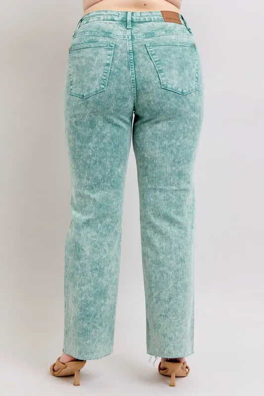 Sea Green Judy Blue Full Size High Waist Garment Dyed Raw Hem Dad Jean Plus Size