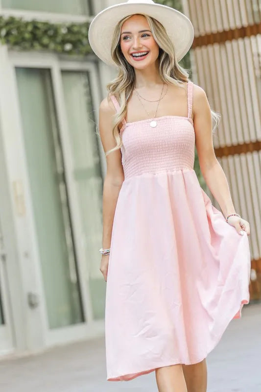 Pale Pink And The Why Smocking Open Back Sleeveless Midi Dress