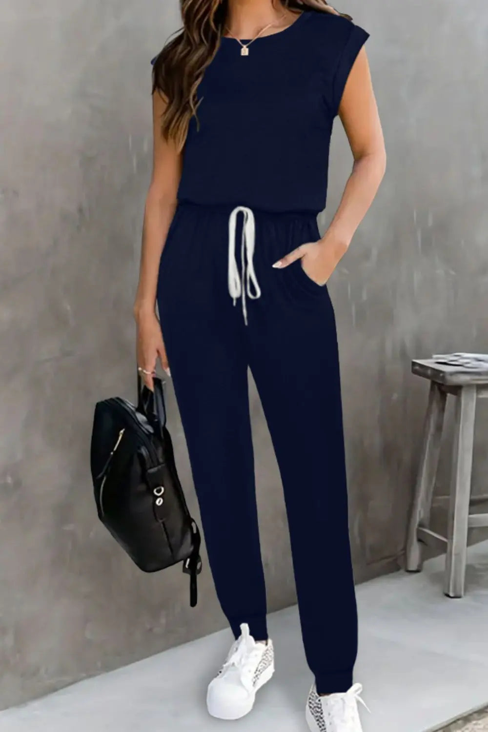 Dark Blue Drawstring Round Neck Sleeveless Jumpsuit