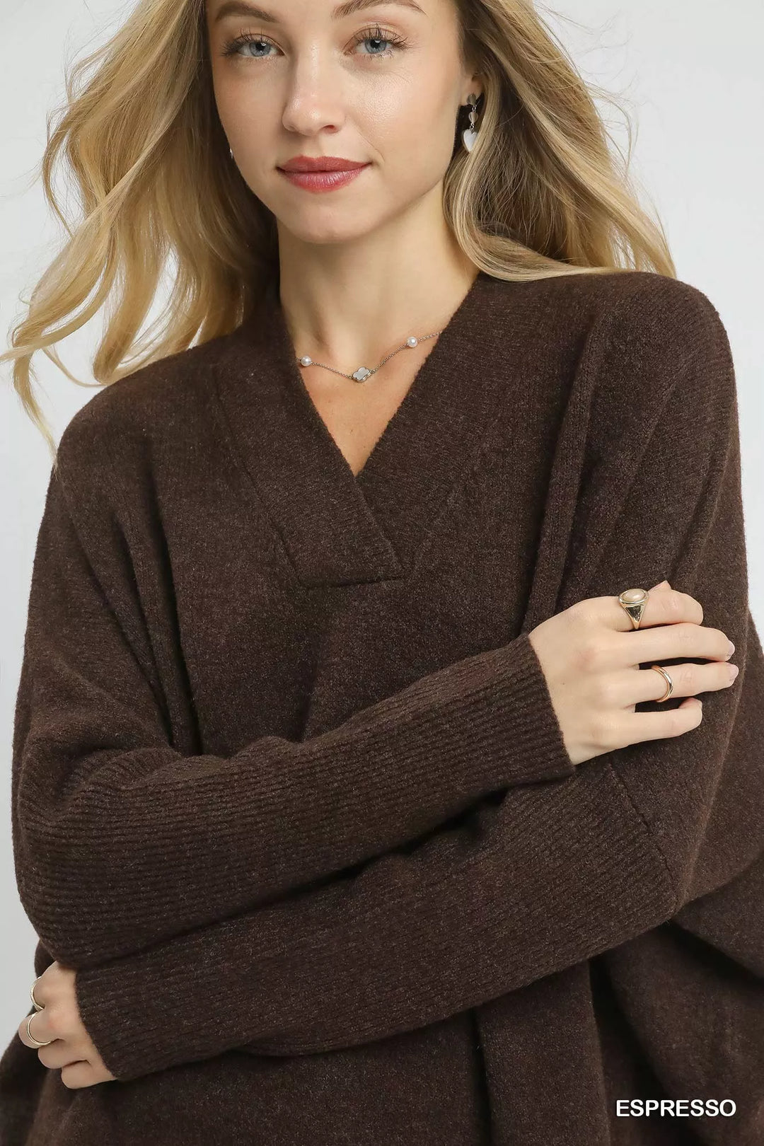 Espresso Umgee V Neck Sweater With Wide Trim Detail 1