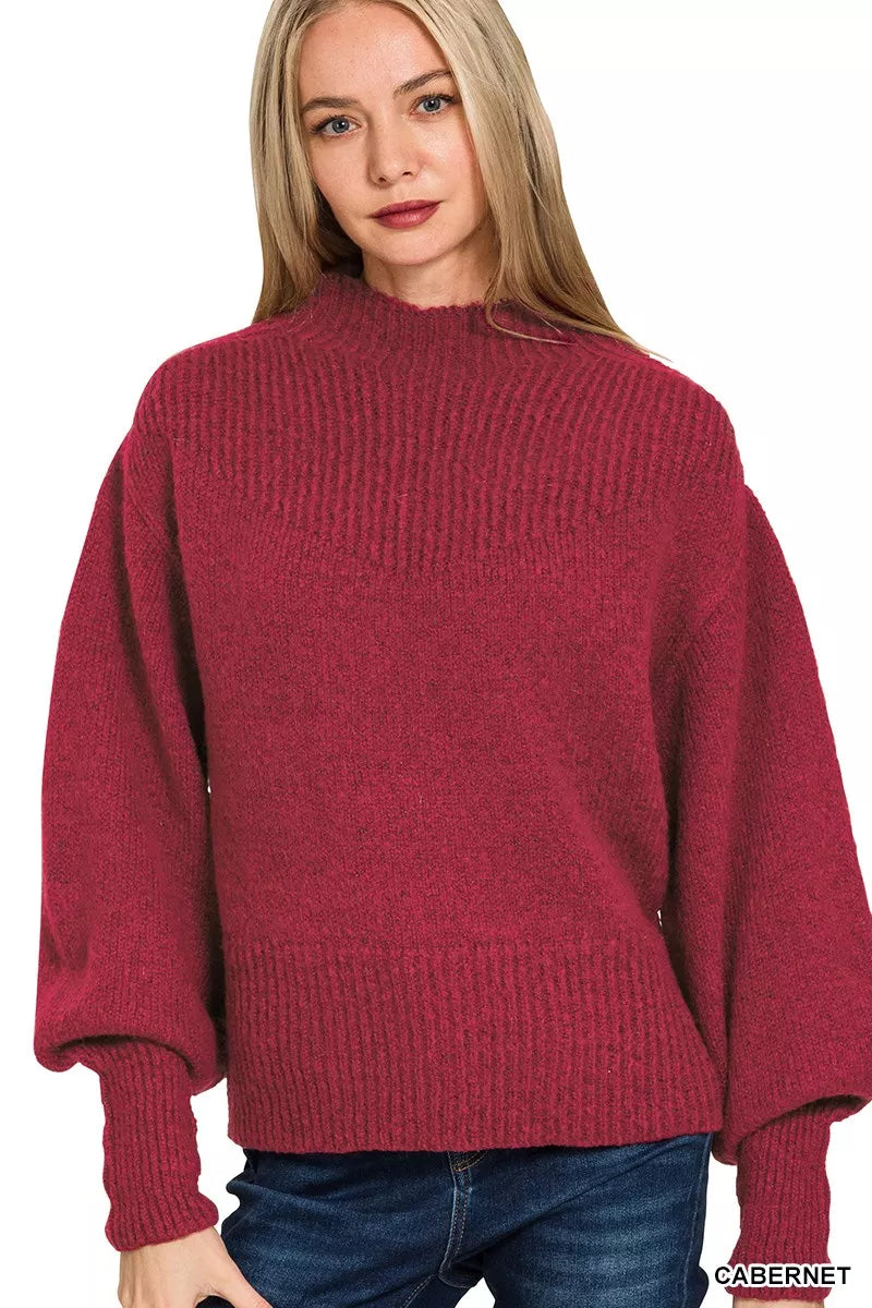 Cabernet Zenana Balloon Sleeve Mock Neck Sweater