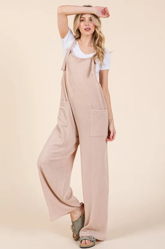 Dust Storm Bombom Knot Straps Wide Leg Ribbed Overalls With Pockets