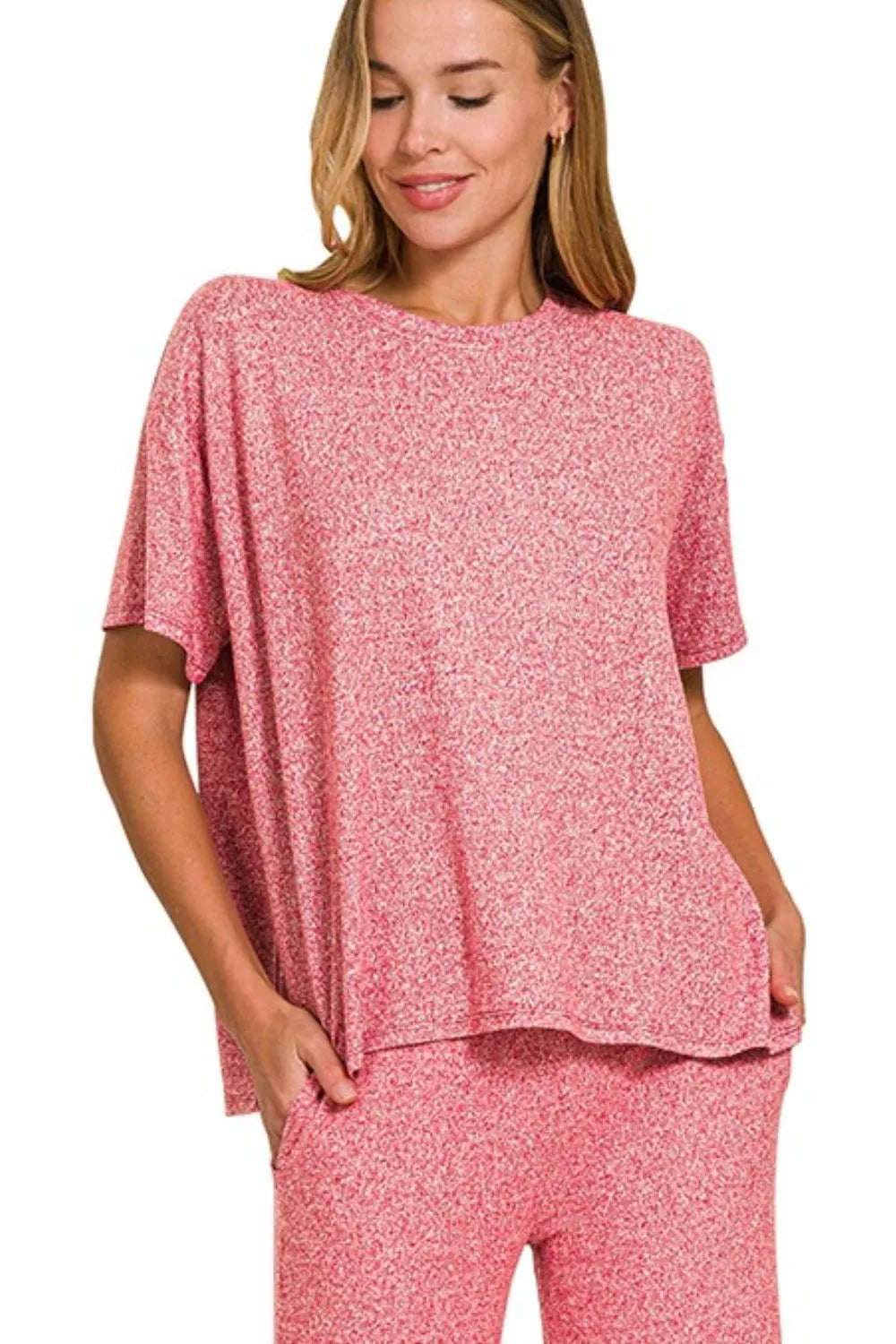 Dk Red Zenana Soft Melange Short Sleeve Tee Long Pants Set 3