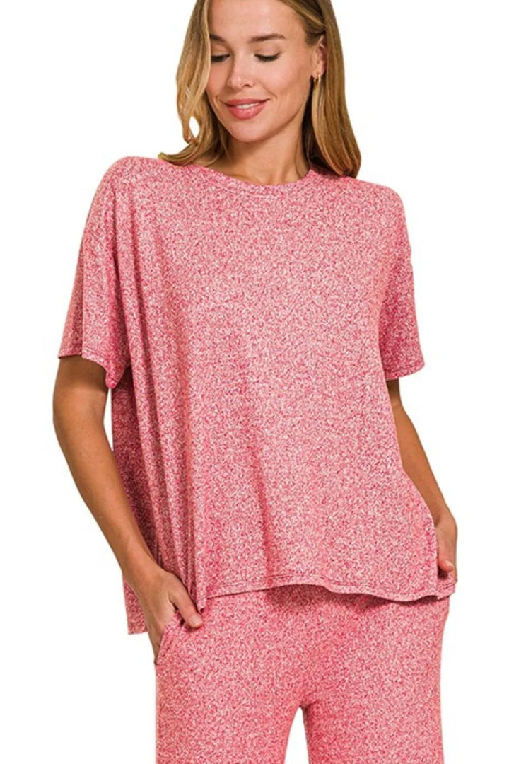 Dk Red Zenana Soft Melange Short Sleeve Tee Long Pants Set 3