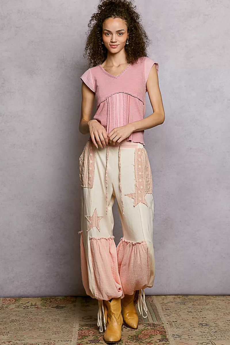 Pol V Neck Lightweight Textured Short Sleeve Knit Top With Lace Trim