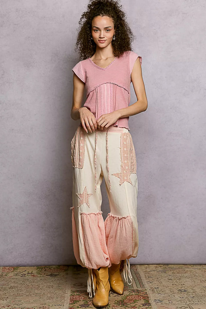 Pol V Neck Lightweight Textured Short Sleeve Knit Top With Lace Trim
