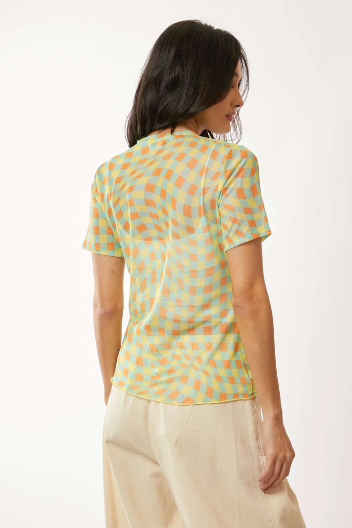 Yellow Mint Davi Dani Checker Board Printed Mesh Short Sleeve Top