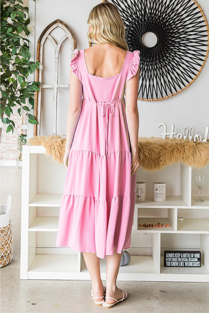 Bubble Pink Reborn J Ruffled Sleeveless Tiered Midi Dress