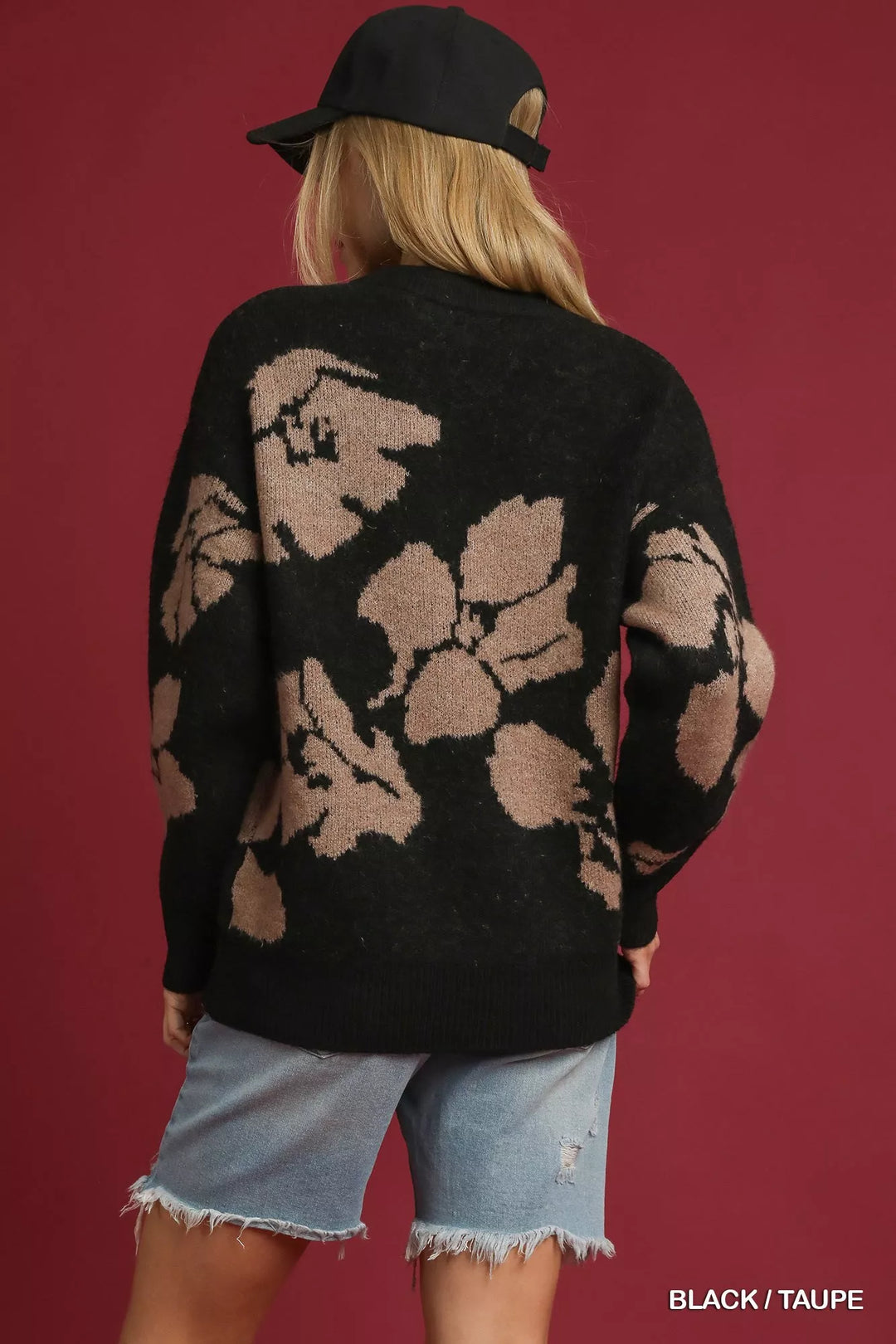 Black / Taupe Umgee Floral Long Sleeve Sweater