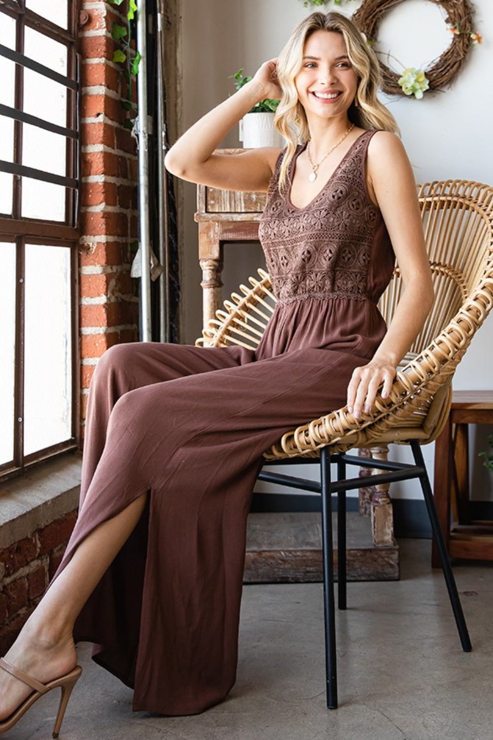 BROWN First Love Tie Back Sleeveless Slit Wide Leg Jumpsuit