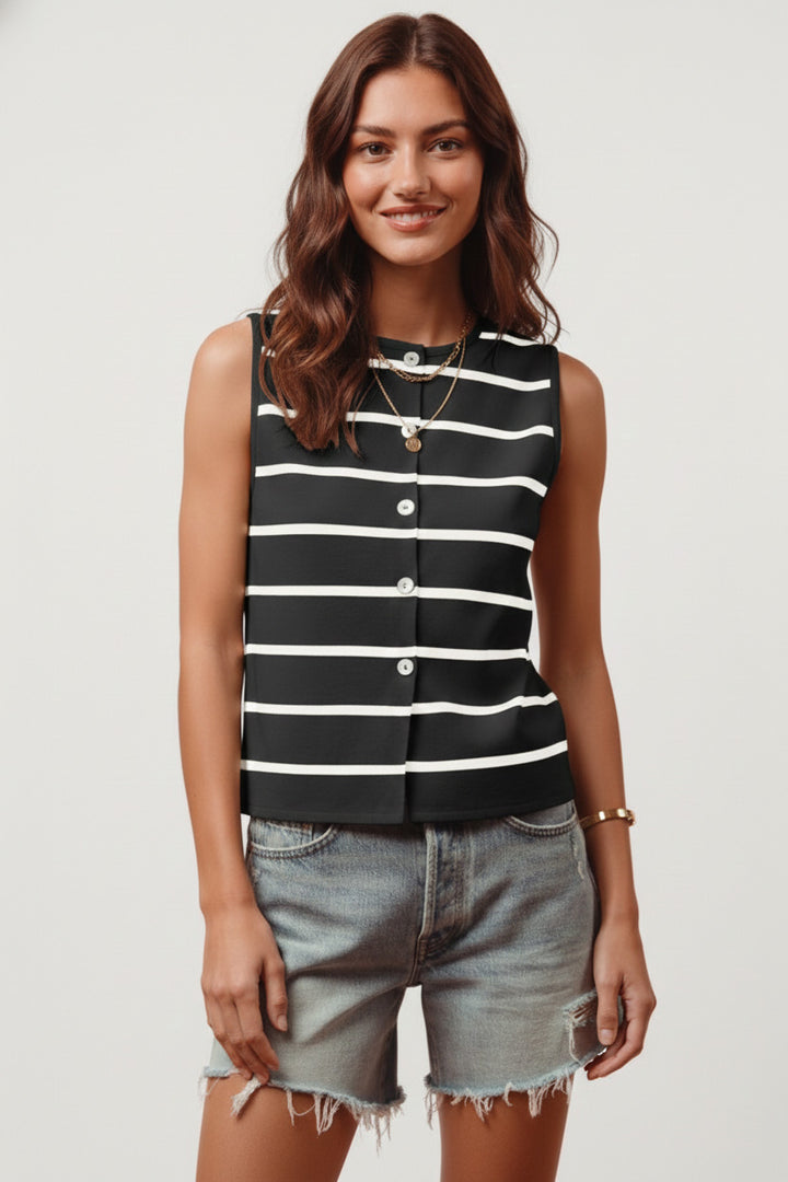 Black/Off White So Me Button Front Stripe Fine Sweater Sleeveless Top