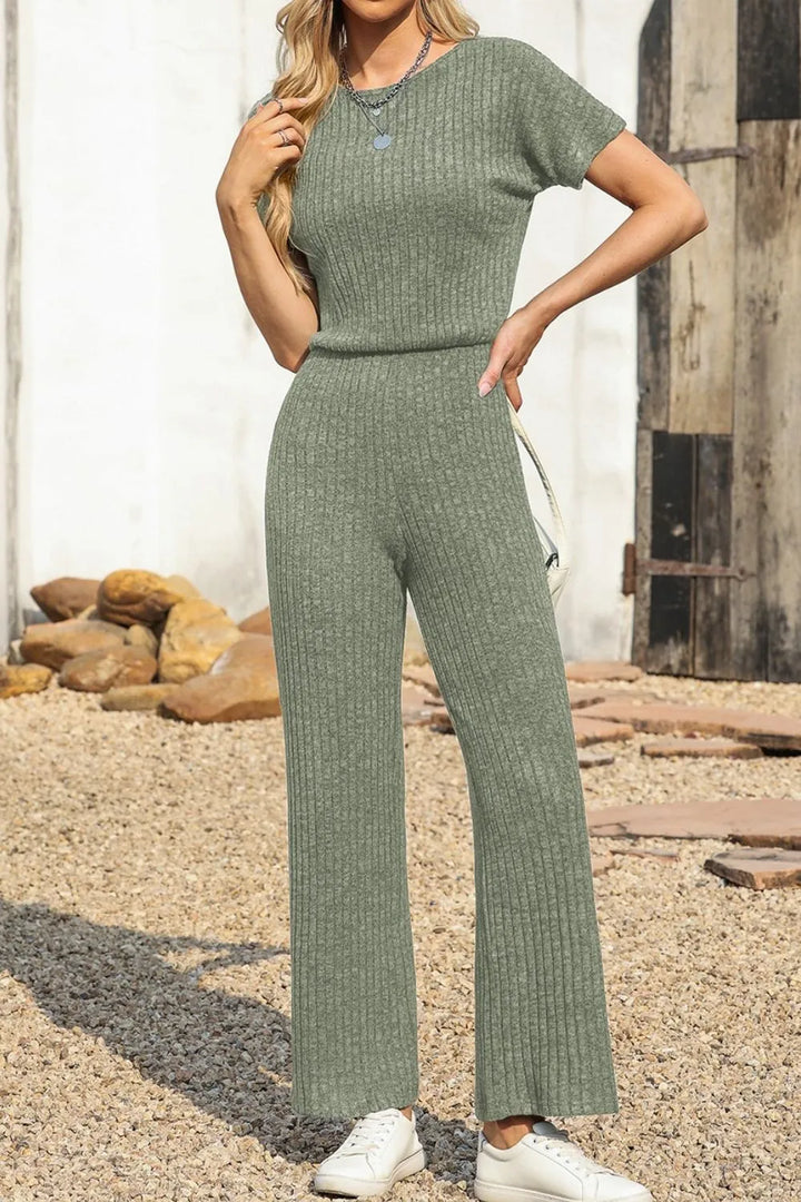 Sage Ribbed Short Sleeve Wide Leg Jumpsuit