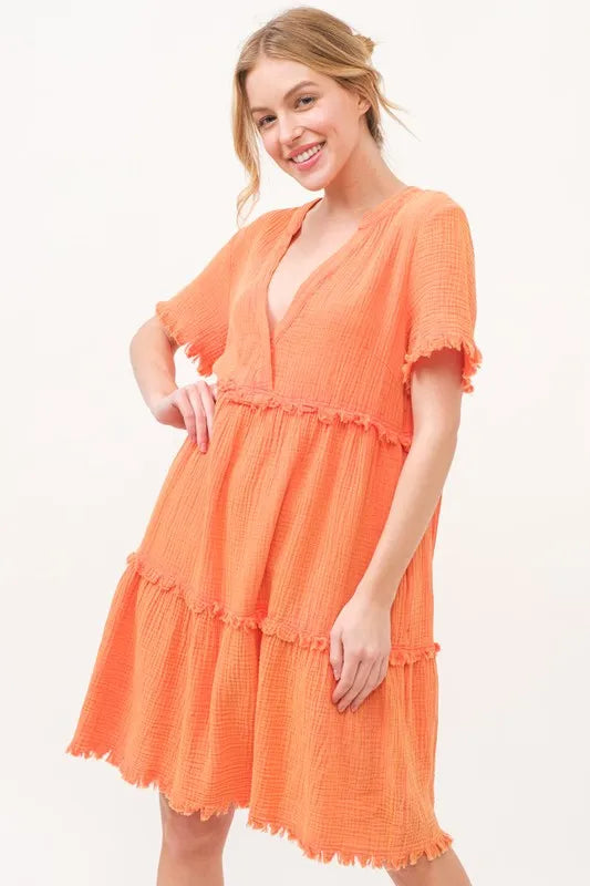 Orange And The Why Washed Frayed Detail Tiered Dress