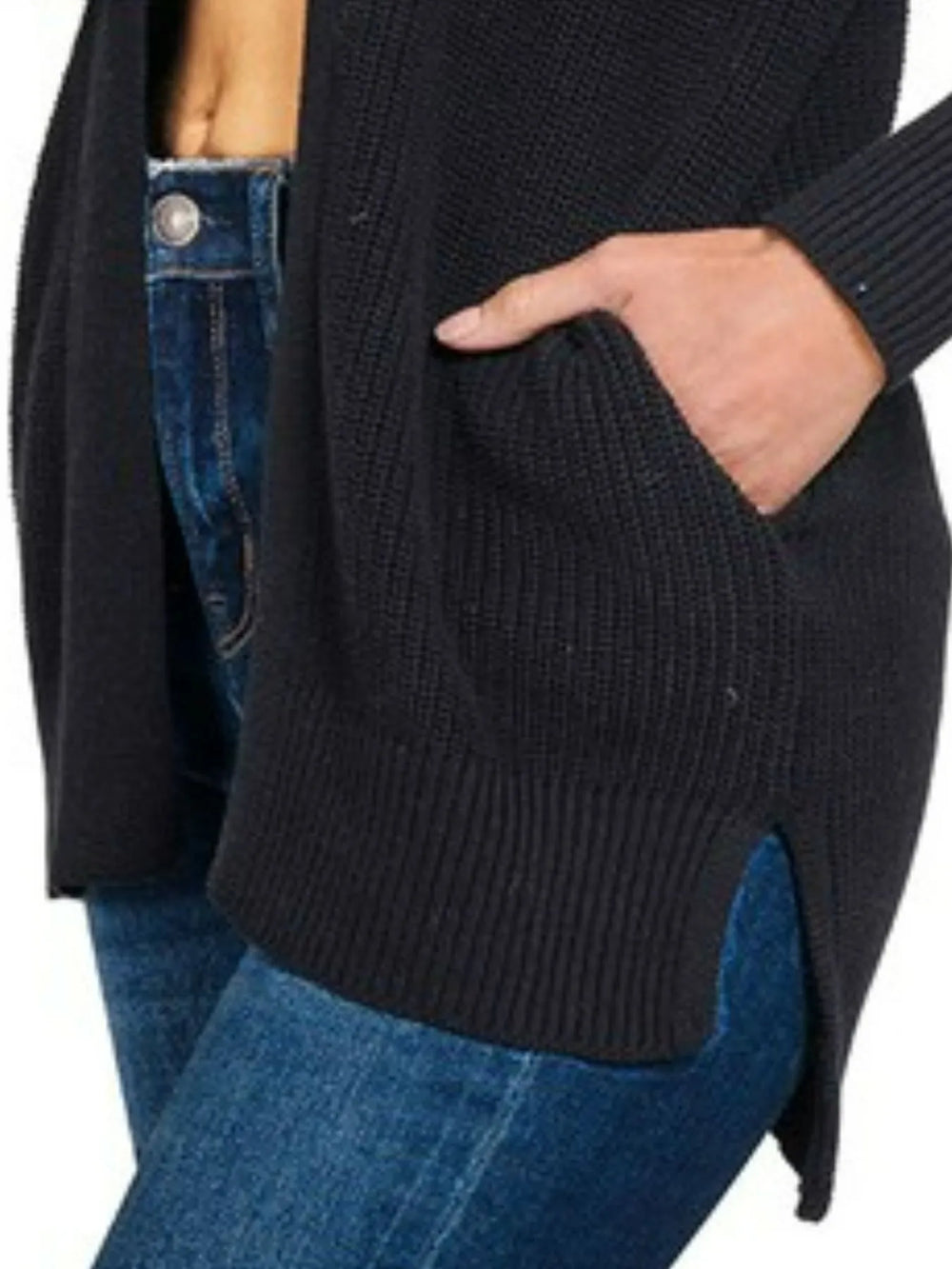 Black Zenana Eyelet Open Sweater Cardigan With Pockets