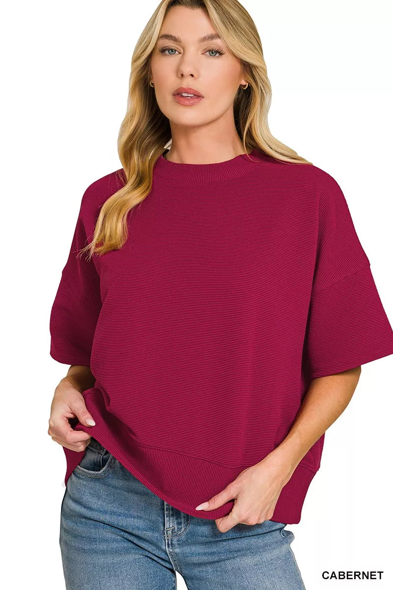 Cabernet Zenana Ribbed Round Neck Waist Banded T Shirt 2