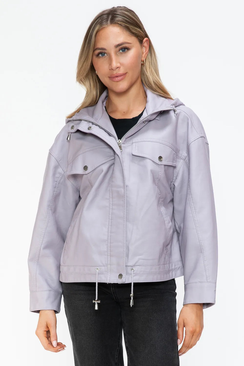 Lilac How Dare U Drawstring Hem Pu Leather Zip Up Jacket 2