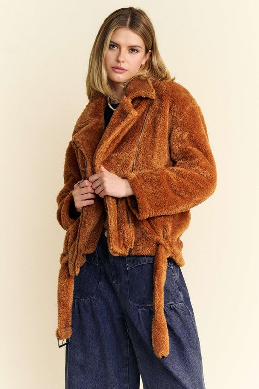 Davi Dani Fuzzy Zip Up Collared Neck Jacket