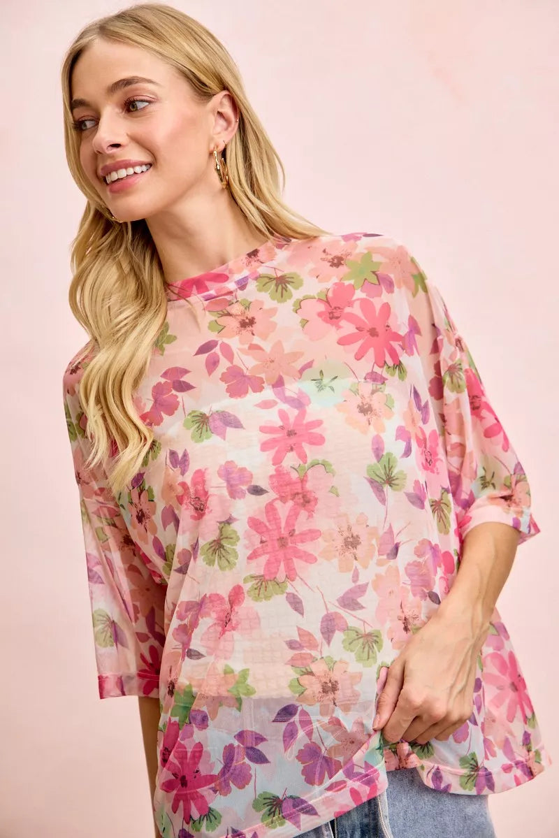 Pink Multi Bibi Floral Print Short Sleeves Boxy Mesh Top
