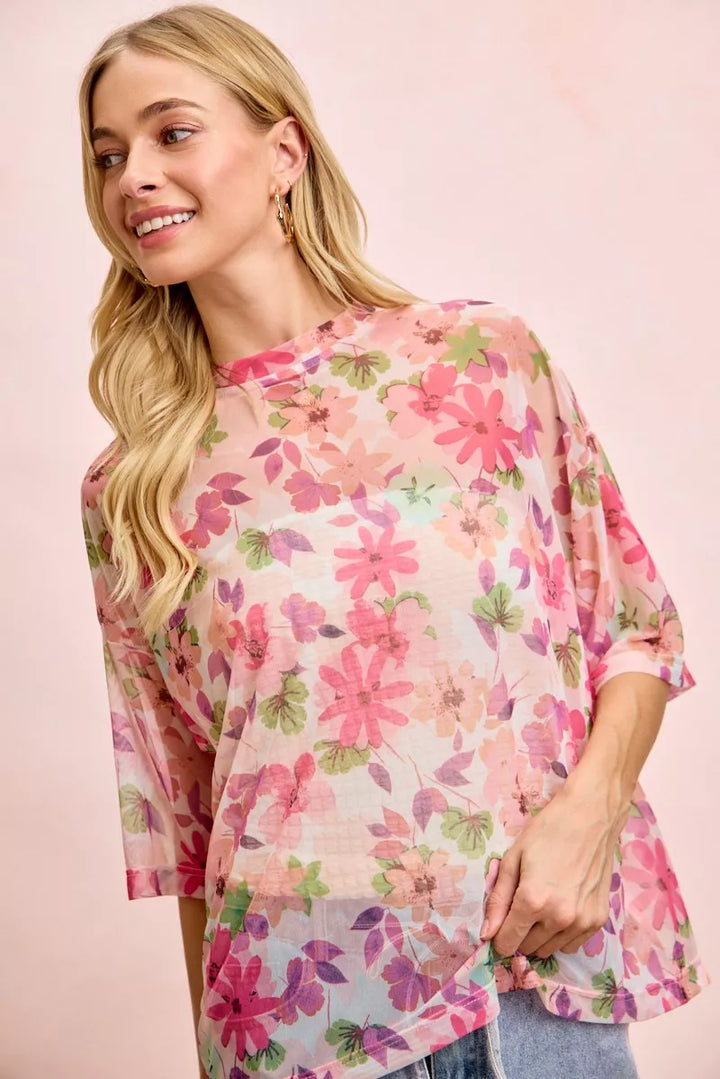 Pink Multi Bibi Floral Print Short Sleeves Boxy Mesh Top