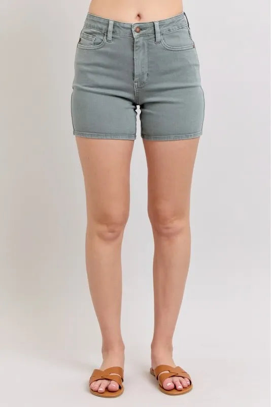 Stone Blue Judy Blue Full Size Hw Garment Dyed Back Pkt Embroidery Shorts Plus Size