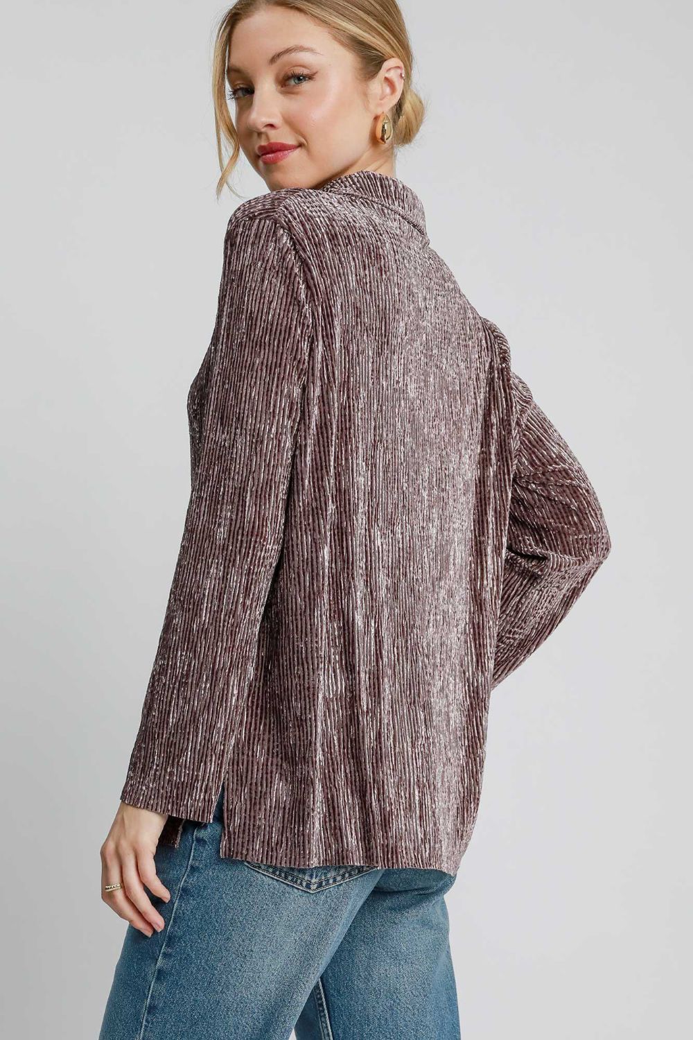 Brown Umgee Side Slit Texture Button Up Shirt