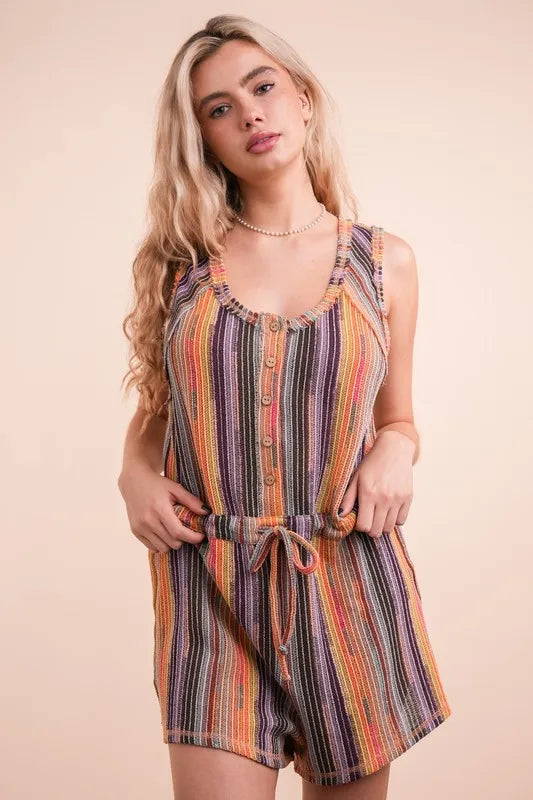 Brick Mix Very J Crochet Multi Color Striped Casual Summer Romper