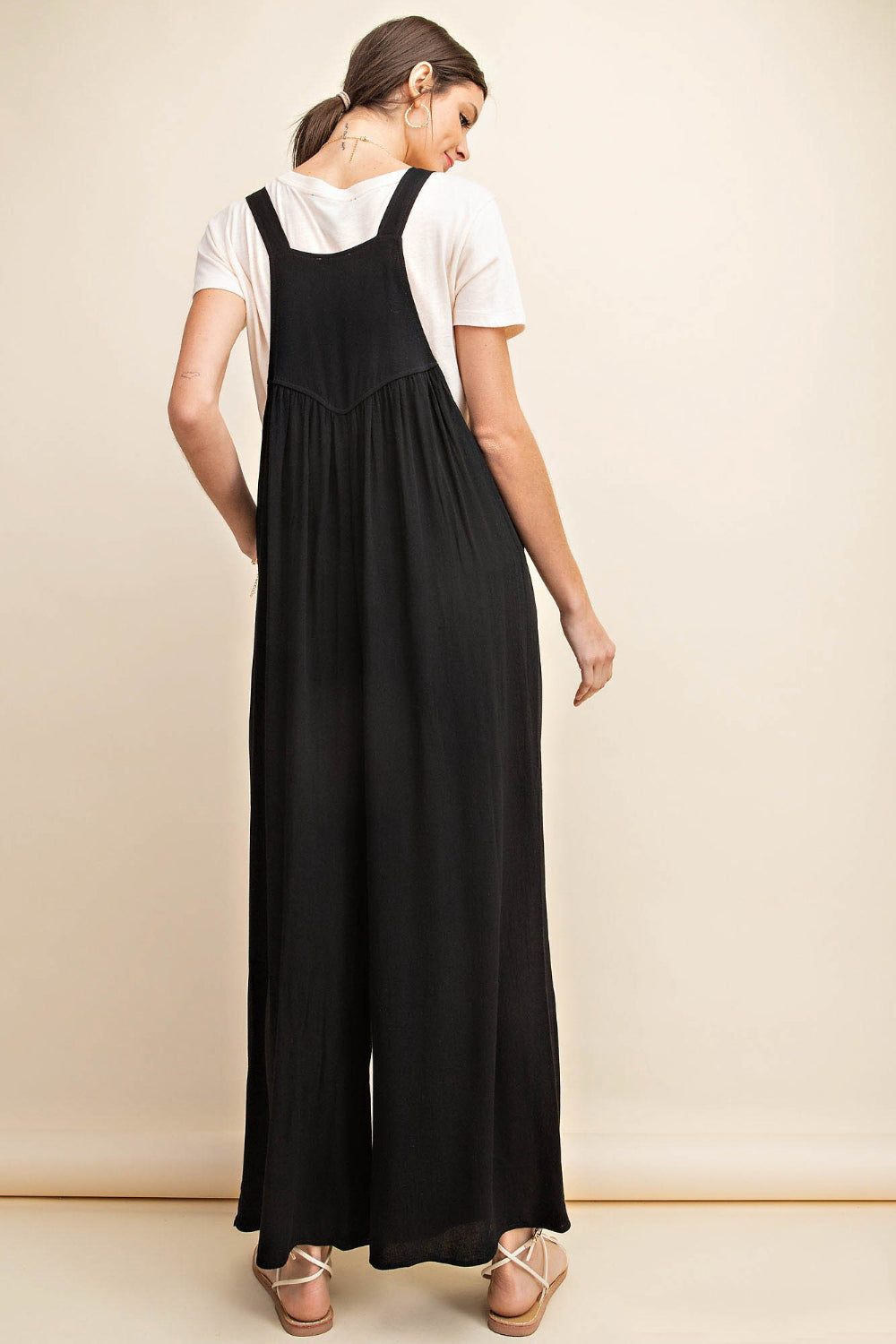 Black Kori America Full Size Sleeveless Ruched Wide Leg Overalls