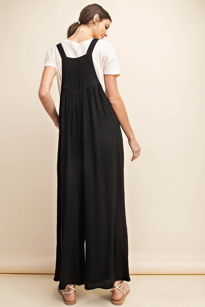 Black Kori America Full Size Sleeveless Ruched Wide Leg Overalls