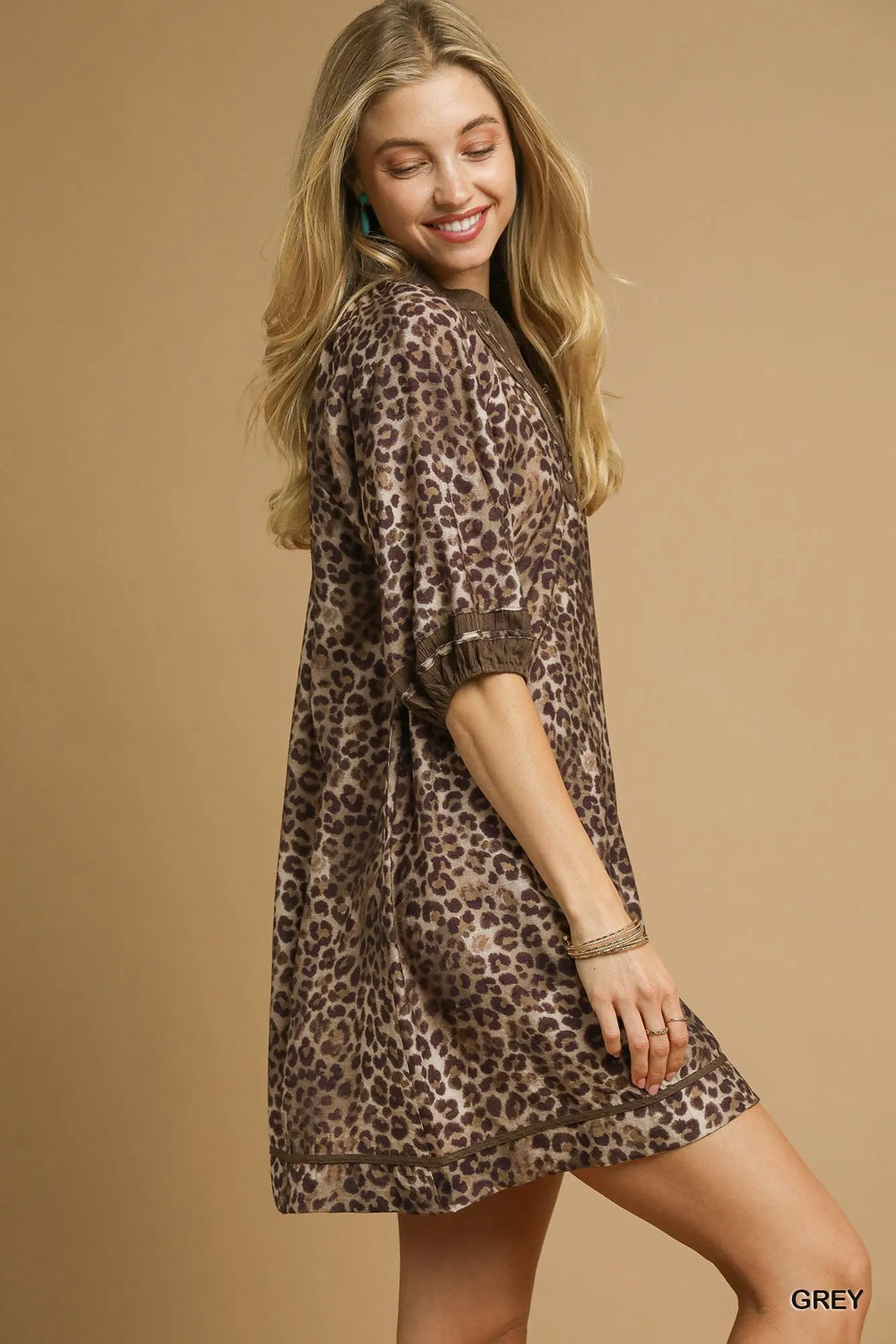 Grey Umgee Full Size Leopard Print Mini Dress With Contrast Trim Plus Size 1