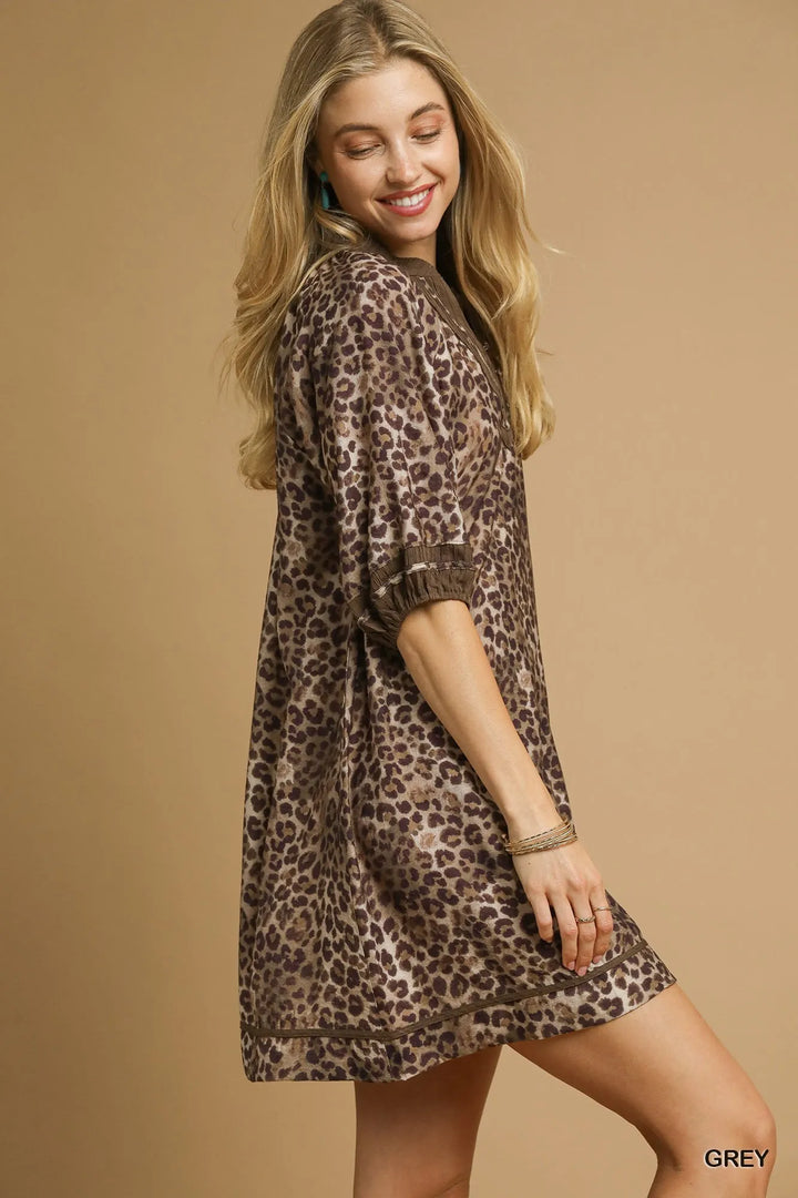 Grey Umgee Full Size Leopard Print Mini Dress With Contrast Trim Plus Size 1