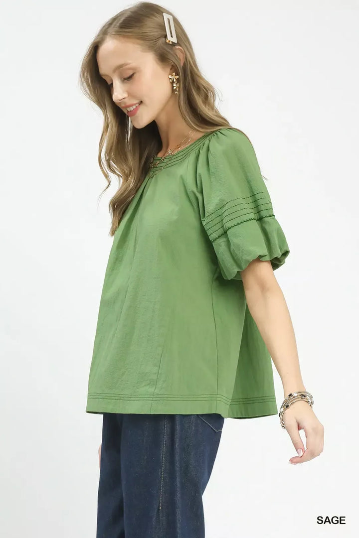 Sage Umgee Round Neck Puff Sleeve Top With Contrast Stitch Detail 1