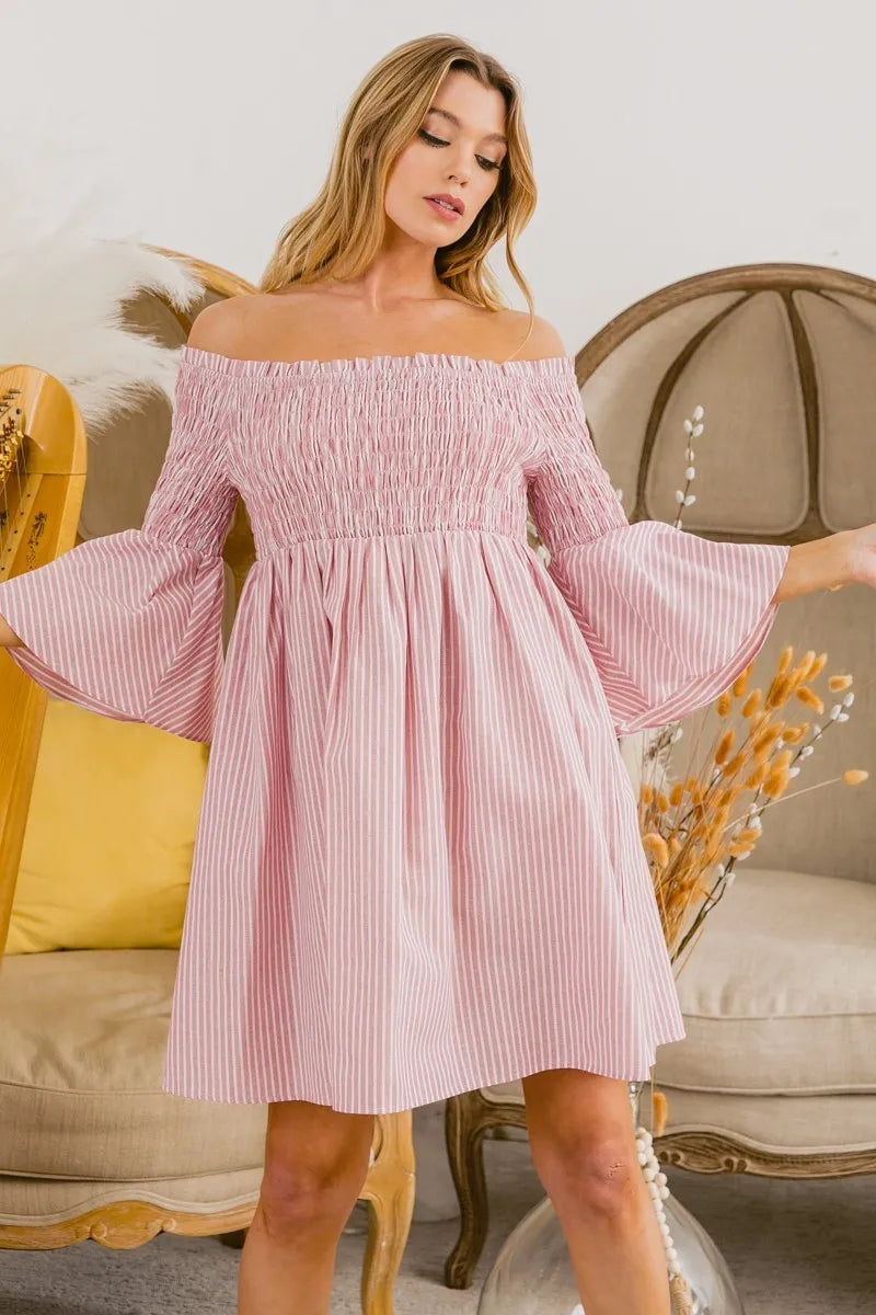 Blush Bibi Smocked Off Shoulder Striped Dress