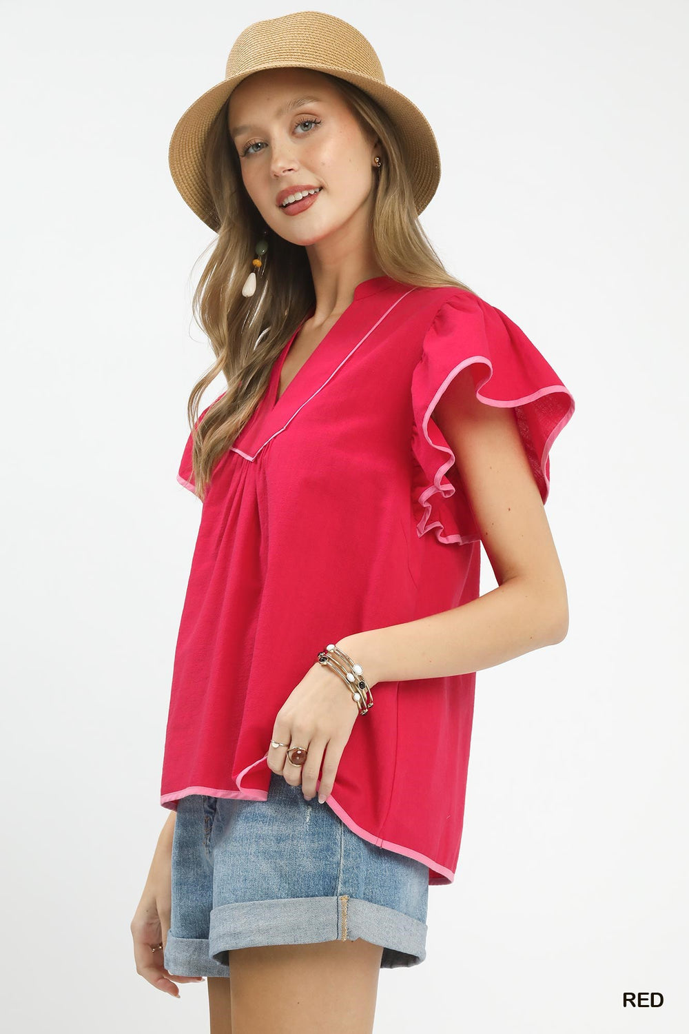 Red Umgee Contrast Trim Babydoll Blouse 1