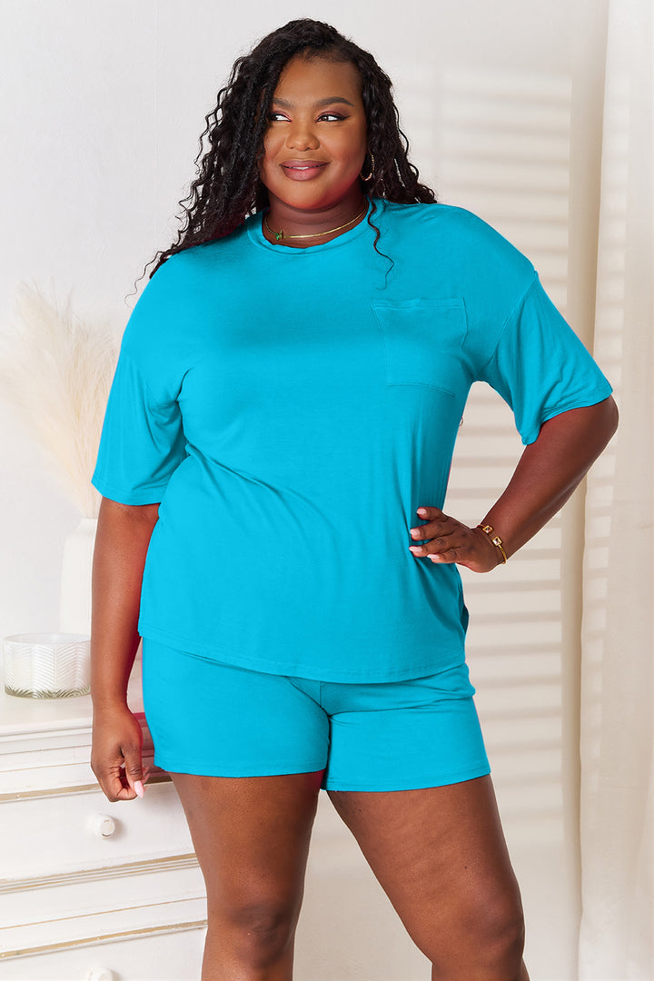 Sky Blue Basic Bae Full Size Soft Rayon Half Sleeve Top And Shorts Set