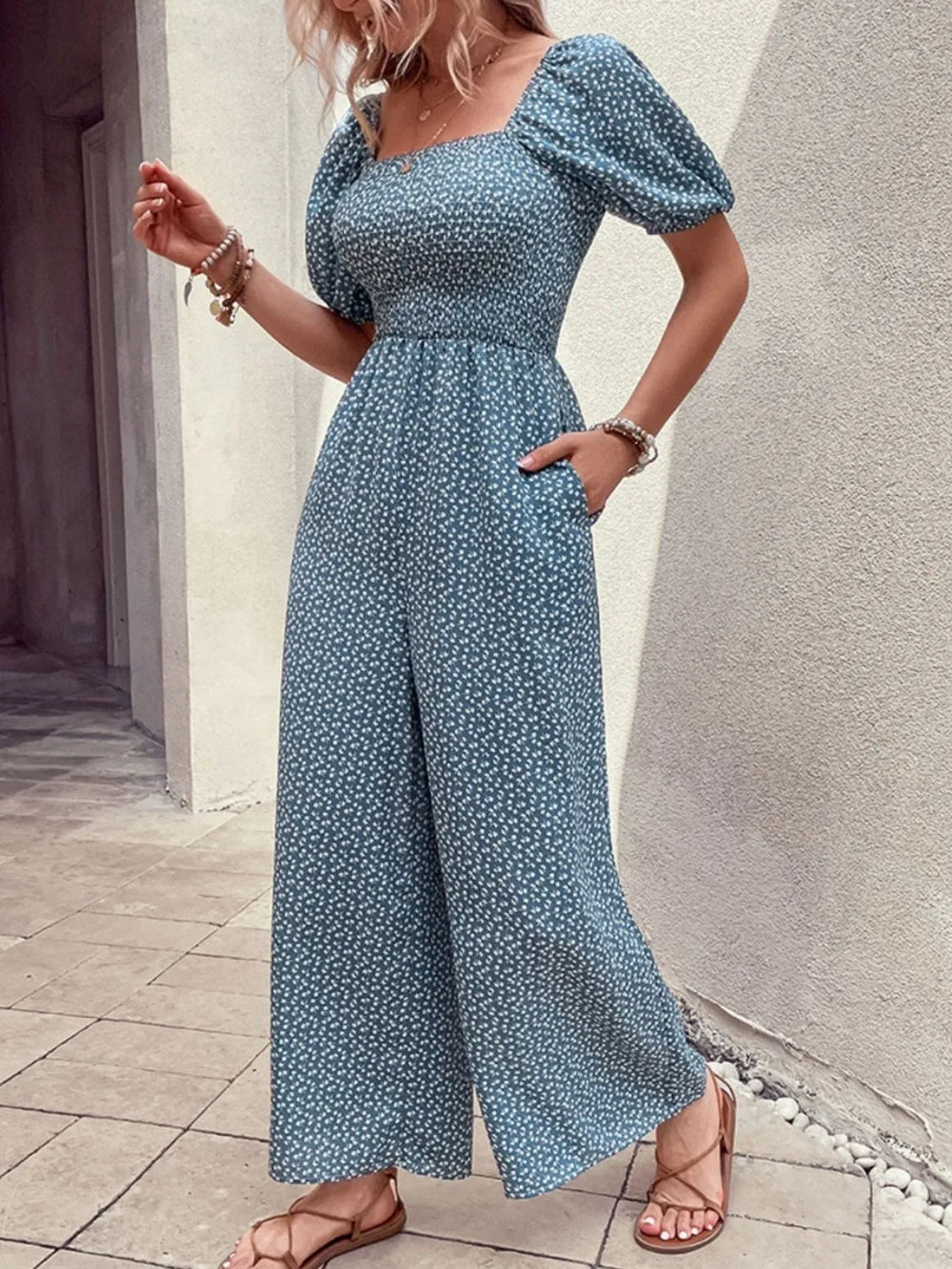 Dusty Blue Printed Square Neck Puff Sleeve Jumpsuit 1
