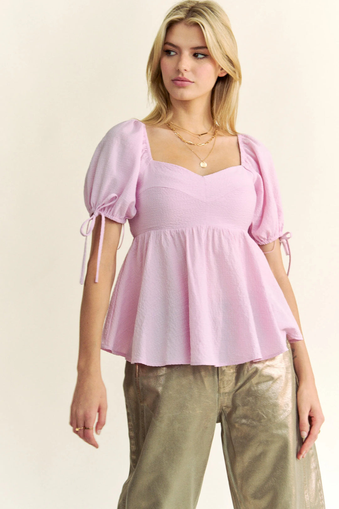 Baby Pink Davi Dani Solid Elastic Peplum Puffed Sleeves Blouse