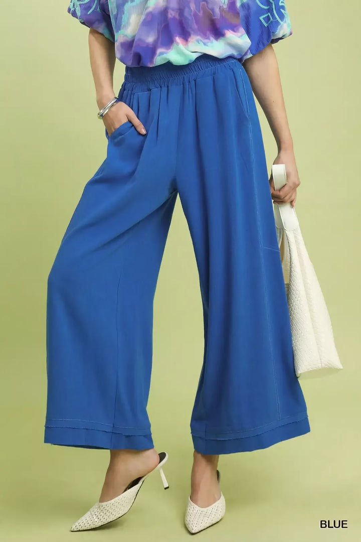 Blue Umgee Linen Elastic Waist Wide Leg Pants