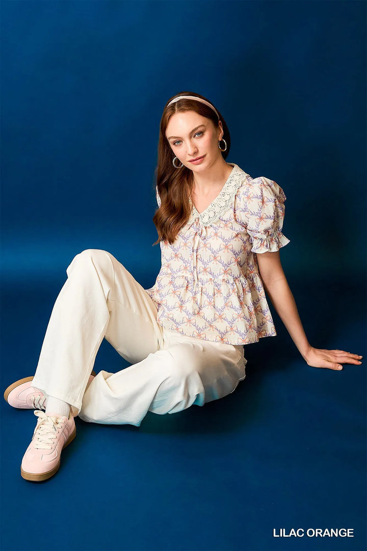 Umgee Lace Detail Bow Print Flounce Sleeve Blouse 1